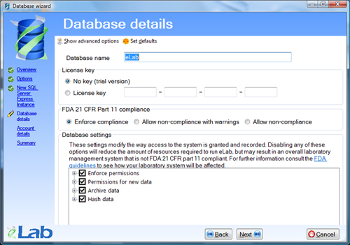 Database wizard - Database details