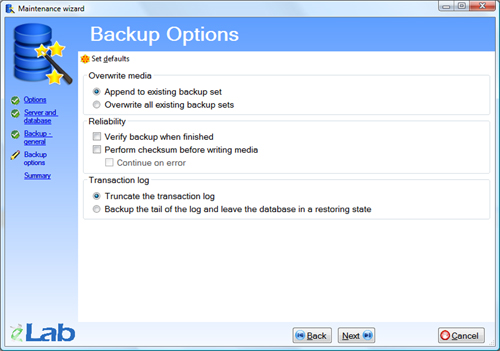Maintenance wizard - Backup general