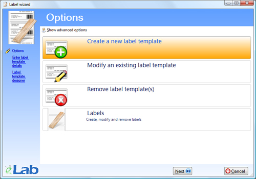 label wizard options screen