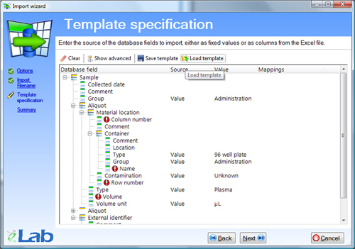 Import wizard template specification