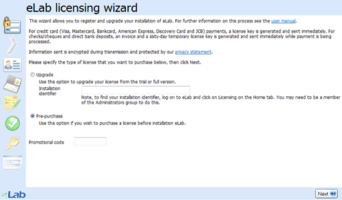 eLab licensing wizard
