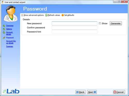 User and contact wizard - Password details